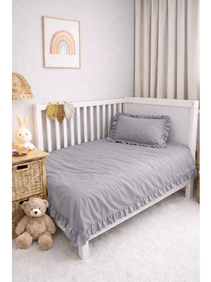 Piamom 100X150 Sade Düz Fırfırlı %100 Pamuklu Bebek/çocuk Nevresim Takımı Gri