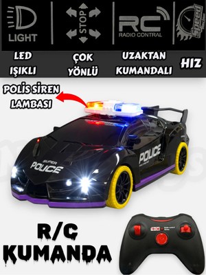 Yıldırım Oyuncak Uzaktan Kumandalı LED Işıklı Siren Sesli Çok Fonksiyonlu Rc 25 cm Drift Yarış Polis Aracı