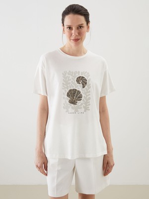 Lc Waikiki Yeni Sezon Bisiklet Yaka Baskılı Kadın Tişört