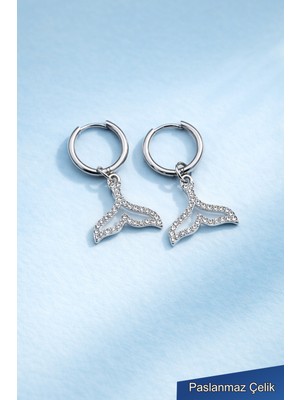 Trend Collection Denizkızı Işıltısı Gümüş Taşlı Çelik Halka Küpe - Kadın Çelik Küpe