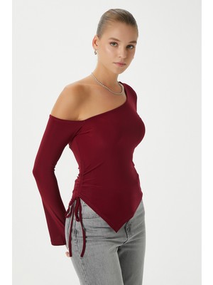 Ritnice Kadın Sierra Asimetrik Kesim Omuz Detay Sandy Bordo Bluz