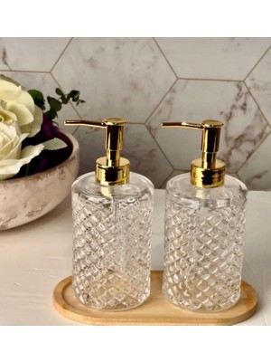 Kitchen Pembelia Bambu Standlı 2’li Gold Başlıklı Kristal Cam Sabunluk Set