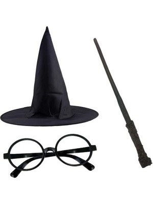 Pazarita Harry Potter Siyah Şapkası Harry Potter Gözlüğü Harry Potter Asası 3 Lü Set