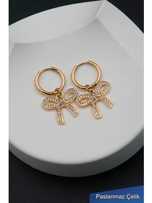 Trend Collection Altın Renk Taşlı Fiyonk Çelik Halka Küpe