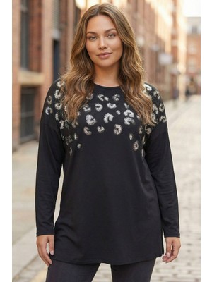 Stil Diva Büyük Beden Siyah Leopar Desenli Payetli Uzun Kollu Bluz 323079