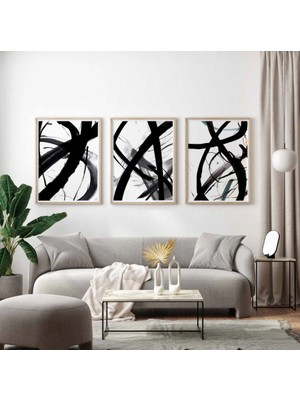 Pam Studio Soyut Modern Poster Seti 3’lü | Siyah Beyaz Abstract Fırça Desenli Duvar Tablosu |