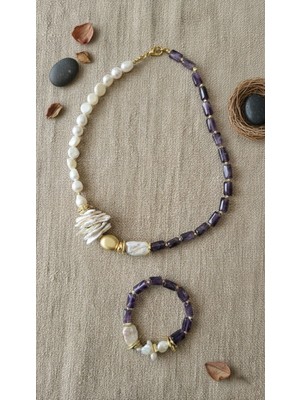 Doğal Taş Ametist-Inci Kolye Bileklik Seti