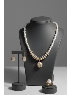 Doğal Taş Inci Kolye-Yüzük-Küpe Set