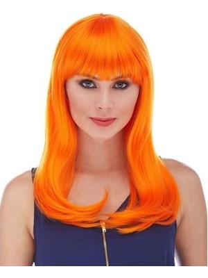 Pazarita Turuncu Renk Uzun Düz Parti Peruğu