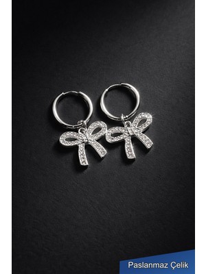 Trend Collection Gümüş Renk Taşlı Fiyonk Çelik Halka Küpe