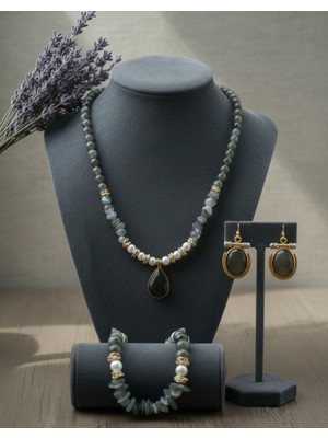 Doğal Taş Labradorit Kolye-Bileklik-Küpe Set