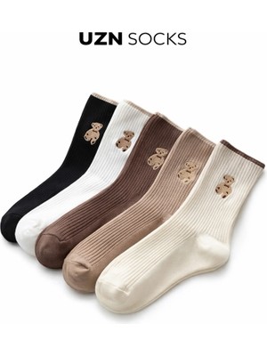 Uzn Socks Ayıcık Nakışlı Kadın Soket Çorap 5’li Set | Pamuklu, Günlük & Şık Tasarım