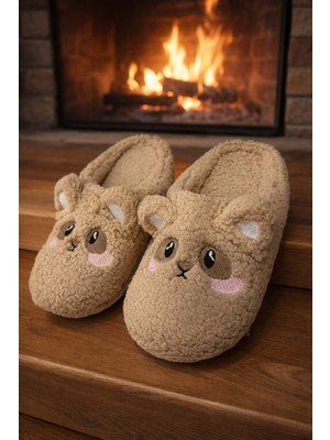 ModaFrato TEDDY BEAR Kadın Ev Terliği Kışlık Terlik Kauçuk Ses Yapmayan Taban