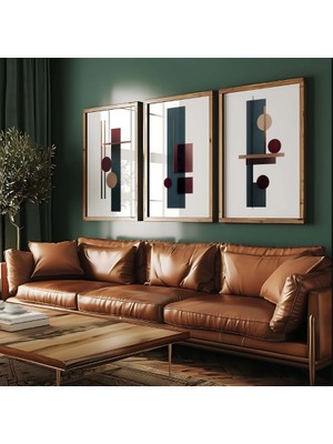 Pam Studio Kahverengi Lacivert Geometrik 3’lü Poster Seti - Modern Minimal Çizgisel Duvar Tablosu Dekoru