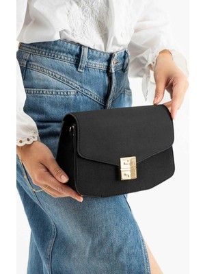 Özüm Takı Çanta Kadın Süet Küçük Boy Gold Detay Omuz Çanta Siyah