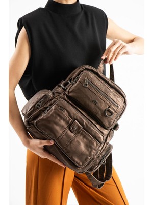 Baginn Y.s.deri Kadın Sırt Çantası 35*25 cm Vegan Deri Yıkama Suni Deri Yumuşak Doku Günlük Çanta Su Itici