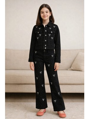 Sercino Kız  Çocuk Taş Detaylı Kot Ceket Pantolon Takımı  6-15YAS