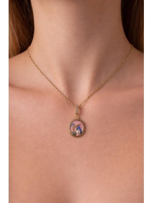 Vıntage Kabartmalı Incili Sanat Kolye Pembe Mineli 316L Çelik