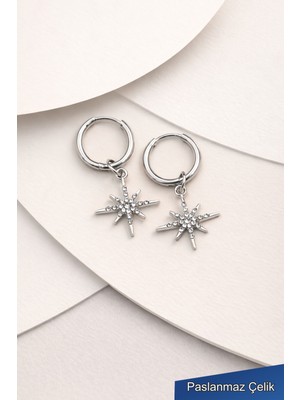 Trend Collection Taşlı Yıldız Figürlü Gümüş Renk Paslanmaz Çelik Halka Küpe