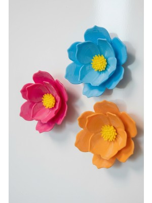Alvina Atölye Çiçek Buzdolabı Magnet Seti - 3'lü Dekoratif Renkli Magnet - Bioplastik