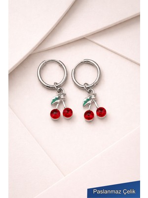 Trend Collection Kadın Kiraz Tasarımlı Sallantılı Gümüş Renk Zarif Çelik Küpe