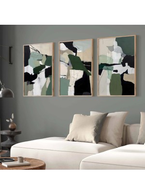 Pam Studio Yeşil Siyah Bej Soyut 3’lü Tablo Seti - Modern Minimal Duvar Dekoru Salon Poster Kombini