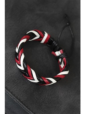 Bordo Beyaz Siyah Örgü Deri Erkek Bileklik - Lisinya