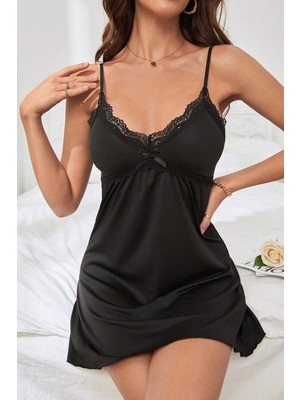 Intive Lingerie Kadın Siyah Fiyonk ve Dantel Detaylı Şık Gecelik