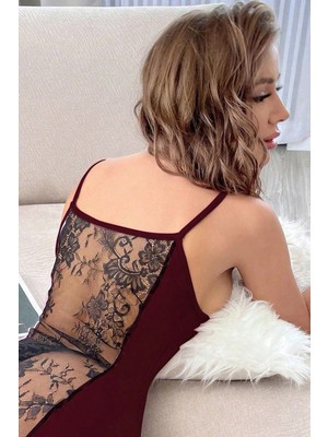 Intive Lingerie Kadın Bordo Sırt Kısmı Komple Dantelli Mini Gecelik