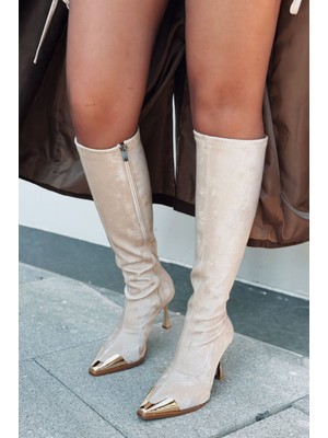 I Love Shoes Pellia Kadın Topuklu Streç Çizme Bej Nubuk