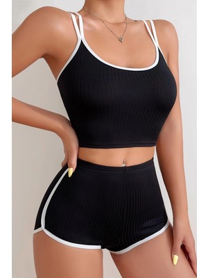 Intive Lingerie Kadın Siyah Beyaz Çapraz Lastik Detaylı Kaşkorse Şortlu Gecelik Takımı