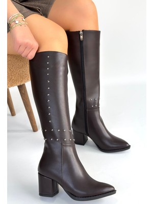 Tiyan Kahverengi Cilt Topuklu Çizme