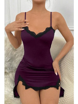 Intive Lingerie Kadın Mor Göğsü ve Bacakları Dantelli Yırtmaçlı Şık Gecelik