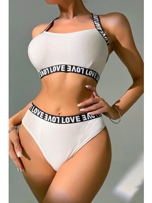Intive Lingerie Kadın Beyaz Çapraz Sırt ve Love Yazı Detaylı Iç Çamaşır Takımı