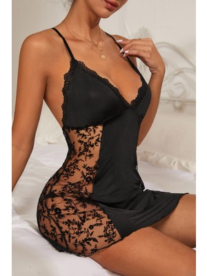 Intive Lingerie Kadın Siyah Çapraz Sırt Dekolteli Transparan Dantel Gecelik