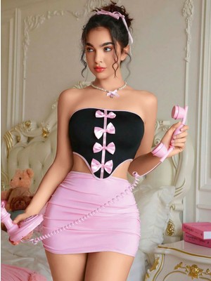 Intive Lingerie Kadın Pembe Etekli Fiyonk Detaylı Fantezi Elbise 2154