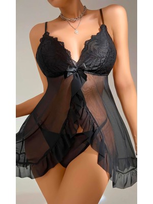 Intive Lingerie Kadın Siyah Fantezi Gecelik Tül Dantel Detaylı Fantezi Gecelik 2117