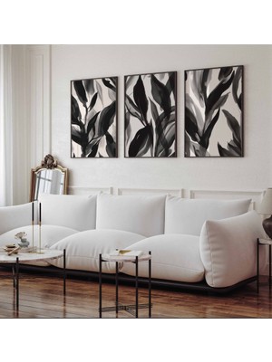Pam Studio Siyah Yaprak Desenli 3’lü Tablo Seti - Modern Minimal Bitki Poster Duvar Dekoru