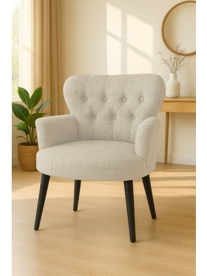 Kayser Home Modern Keten Kumaş Berjer Koltuk | Demonte | Siyah Ayaklı Tekli Koltuk | Krem