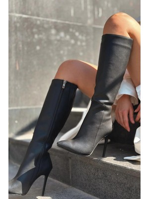 I Love Shoes Zynor Siyah Fermuarlı Lastikli Ince Yüksek Topuklu Kadın Çizme