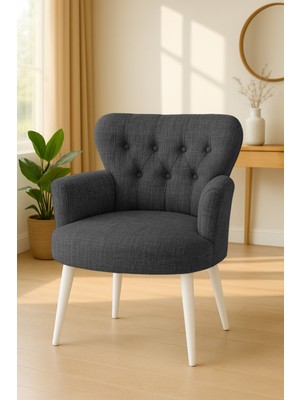 Kayser Home Modern Keten Kumaş Berjer Koltuk | Demonte | Beyaz Ayaklı Tekli Koltuk | Koyu Gri