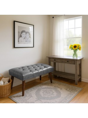 Kayser Home Modern Kapitoneli Bench Puf 90X45 | Antre – Yatak Odası – Salon | Deri Kumaş Oturma Bankı Gri