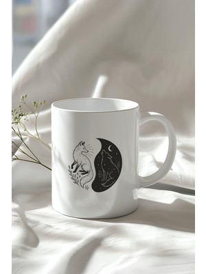 Tilki ve Kurt Figürlü 330ML Baskılı Beyaz Seramik Kupa Bardak
