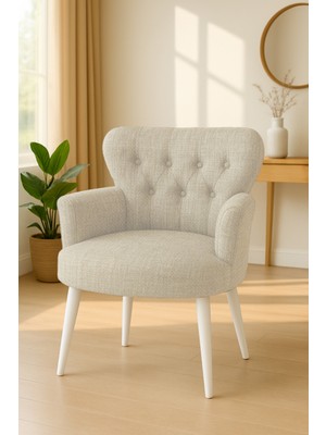 Kayser Home Modern Keten Kumaş Berjer Koltuk | Demonte | Beyaz Ayaklı Tekli Koltuk | Krem