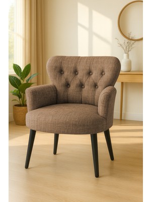 Kayser Home Modern Keten Kumaş Berjer Koltuk | Demonte | Siyah Ayaklı Tekli Koltuk | Kahverengi