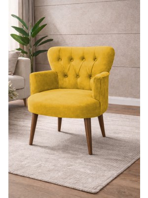 Kayser Home Modern Babyface Kumaş Berjer Koltuk – Ahşap Ceviz Ayaklı | Sarı