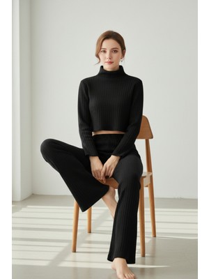 Intive Lingerie Kadın Siyah Fitilli Eşofman Takımı – Crop Uzun Kollu Üst & Paça Pantolon, Şık Günlük Set