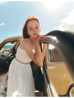 Marks & Spencer %100 Pamuklu Büzgülü Bardot Crop Üst (6–16 Yaş)