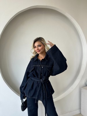 Nsade Kuşaklı Mavi Flare Pantolon Çift Cepli Ceket Denim Tasarım Takım