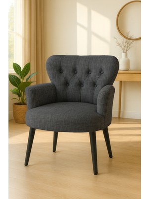 Kayser Home Modern Keten Kumaş Berjer Koltuk | Demonte | Siyah Ayaklı Tekli Koltuk | Koyu Gri